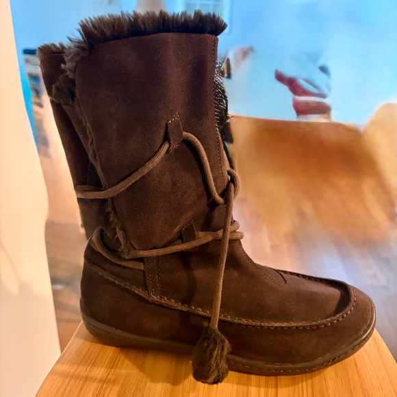 Steve‎ Madden P-Pop Boots Moccasins Suede Faux Fur Tie Pompoms Mid-Calf Brown 9 - Picture 4 of 9